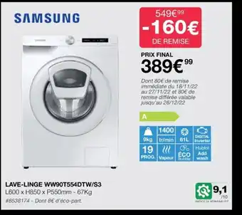 Costco Samsung Lave linge WW90T554DTW/S3 offre