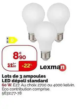Weldom Lots de 3 ampoules led dépoli standard lexman offre