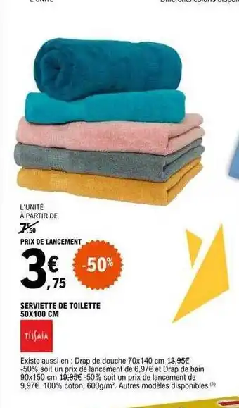 E.Leclerc Serviette de toilette 50 x 100 cm tissaia offre