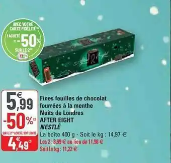 G20 Fines feuilles de chocolat fourrées à la menthe nuits de londres after eight nestlé offre