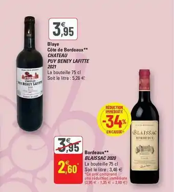 G20 Blaye côte de bordeaux château puy beney lafitte 2021, bordeaux blaissac 2020 offre