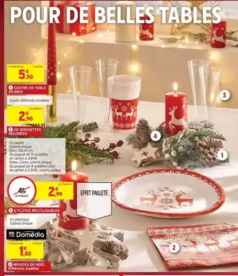 Intermarché Hyper Centre de table en bois, 20 serviettes décorées, 6 flûtes réutilisables, bougies de noël offre