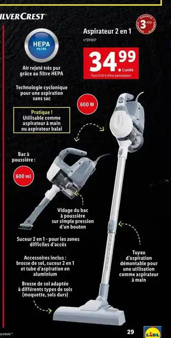 Lidl Aspirateur 2 en 1 silver crest offre