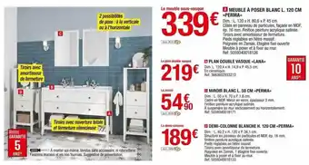 Brico Dépôt Meuble à poser blanc l.120 cm «perma», plan double vasque «lana», miroir blanc l.50 cm «perma», demi-colonne blanche h.120 cm offre