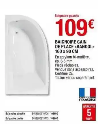 Brico Dépôt Baignoire gain de place «bandol» 160 x 90 cm offre