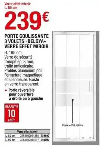 Brico Dépôt Porte coulissante 3 volets «beloya» verre effet miroir offre