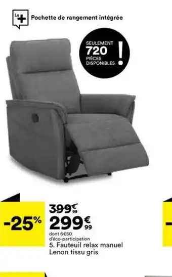 BUT Fauteuil Relax Manuel Lenon Tissu Gris offre