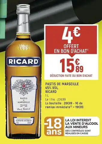 Spar Pastis de Marseille 45%vol Ricard 1L offre