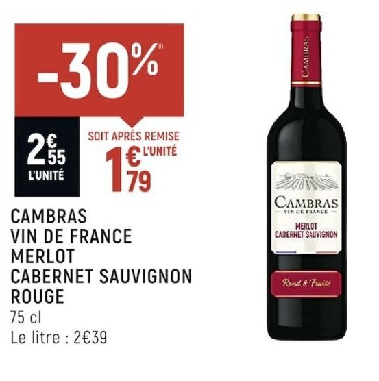 Spar Cambras Vin de France Merlot Cabernet Sauvignon Rouge 75cl offre