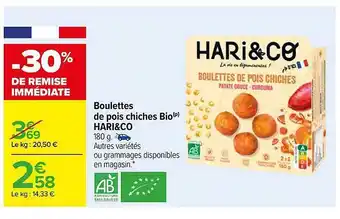 Carrefour Boulettes de pois chiches bio hari & co offre