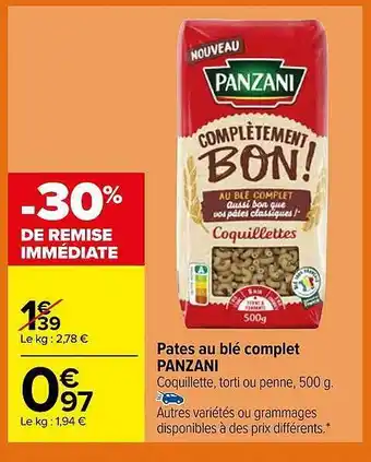Carrefour Pâtes au blé complet panzani offre