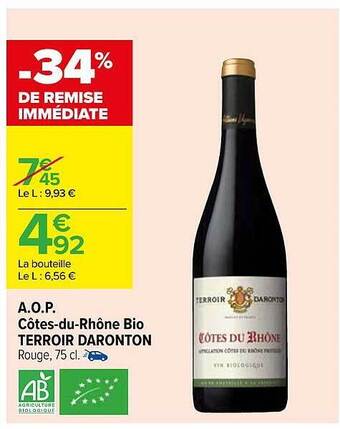 Carrefour A.o.p. côtes-du-rhône bio terroir daronton offre