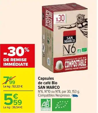 Carrefour Capsules de café bio SAN MARCO offre