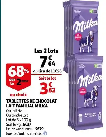 Auchan Milka tablettes de chocolat lait familial offre