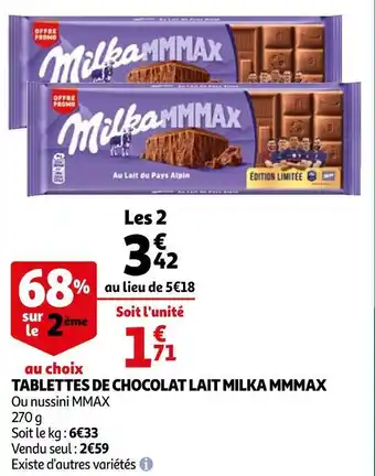 Auchan Milka tablettes de chocolat lait mmmax offre