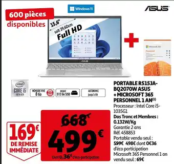 Auchan Asus portable r515jabq2070w + microsoft 365 personnel 1 an offre