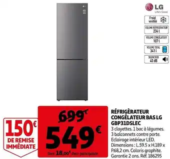 Auchan Lg réfrigèrateur congélateur bas gbp31dslec offre