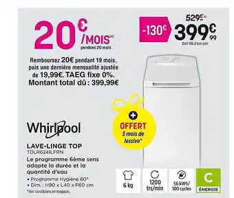Pulsat Lave-linge top whirlpool offre