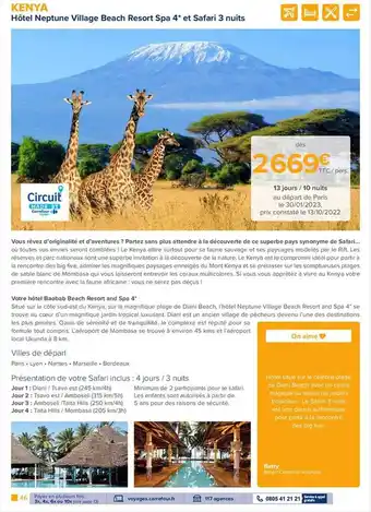 Carrefour Voyages Kenya - hôtel neptune village beach resort spa 4* et safari 3 nuits offre