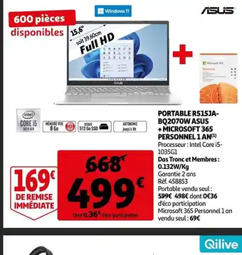 Auchan Portable R515JA BQ2070W Asus Microsoft 365 Personne 1 An offre