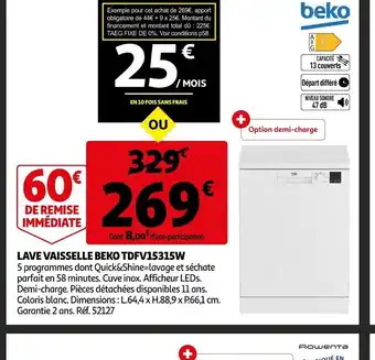 Auchan Lave Vaisselle Beko TDFV15315W offre