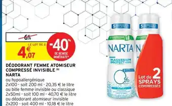 Intermarché Deodorant Femme Atomiseur Compresse Invisible Narta offre