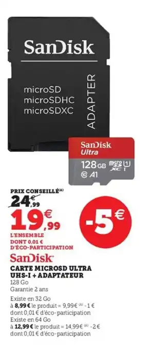 Hyper U Carte Microsd Ultra UHS-1 + Adaptateur offre