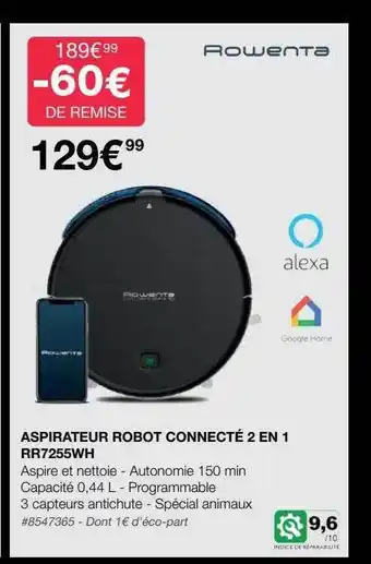 Costco Aspirateur robot connecté 2 en 1 rr7255wh rowenta offre