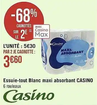 Casino Supermarchés Essuie-tout blanc maxi absorbant casino offre