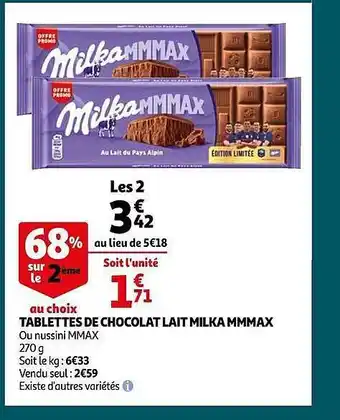 Auchan Tablettes de chocolat lait milka mmmax offre