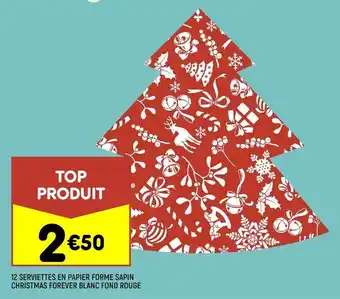 12 serviettes en papier forme sapin christmas forever blanc fond rouge
