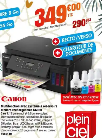 Plein ciel Canon multifonction avec système à réservoirs d’encre rechargeables g6050 offre