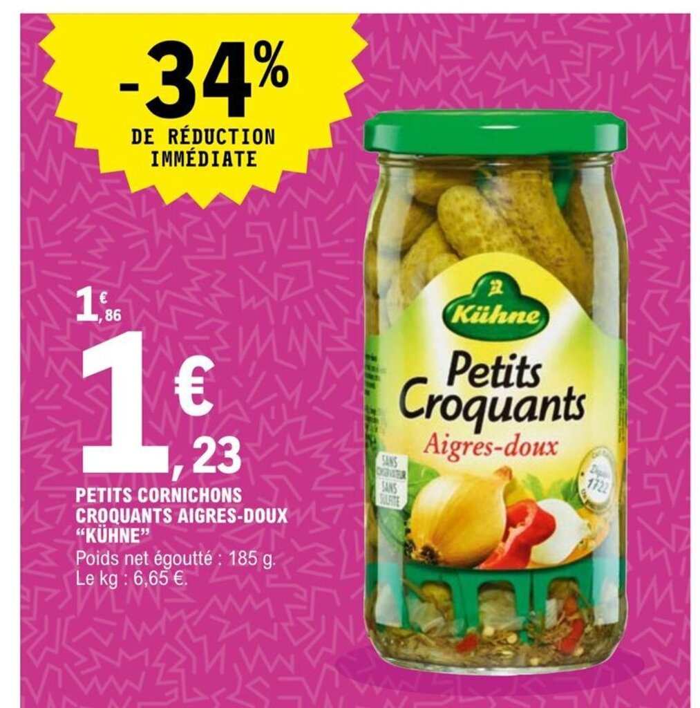 Promo Petits Cornichons Croquants Aigres Doux Kuhne chez E.Leclerc