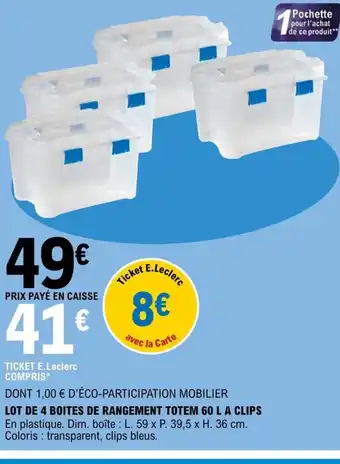 E.Leclerc Lot de 4 Boites de Rangement Totem 60L A Clips offre
