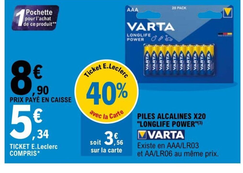 Promo Varta Piles Alcalines x20 Longlife Power chez E.Leclerc