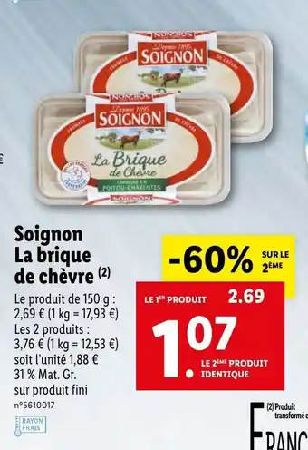 Lidl Soignon La brique de Chèvre offre