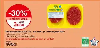 Monoprix Steaks hachés bio 5% de mat. gr. offre