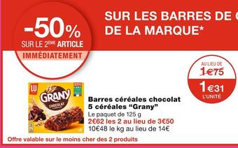 Monoprix Grany barres céréales chocolat 5 céréales offre