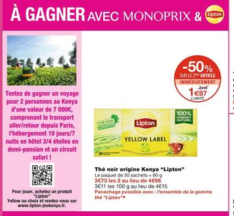 Monoprix Lipton thé noir origine kenya offre