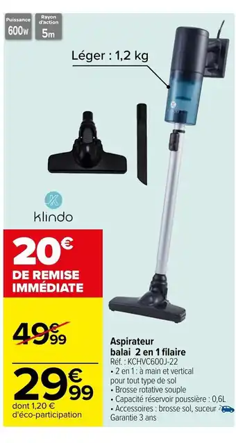 Carrefour Market Aspirateur Balai 2 En 1 Filaire offre