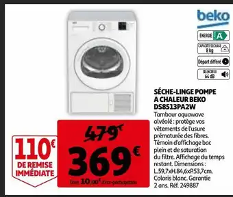 Auchan Séche-linge pompe a chaleur beko ds8513pa2w offre