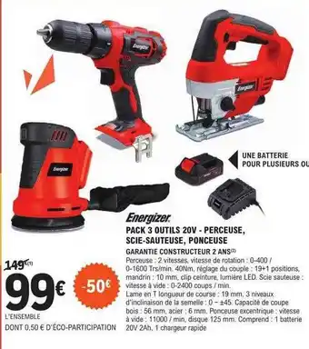 E.Leclerc Brico Pack 3 outils 20v - perceuse, scie-sauteuse, ponceuse energizer offre