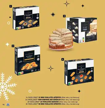 ALDI 32 mini feuilletés apéritifs excellence, pain surprise aux céréales excellence, 20 feuilletés saucisse excellence, 80 mini fe offre