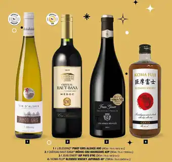 ALDI Pinot gris alsace aoc j.blessing, médoc cru bourgeois aop château haut-bana, igp pays d'oc jean giner, blended whisky japonai offre