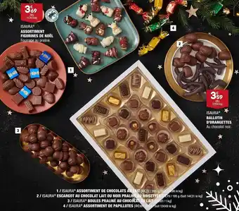 ALDI Assortiment de chocolats au lait isaura, escargot au chocolat lait ou noir praliné au noisettes isaura, boules praliné au cho offre