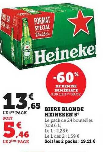 Hyper U Bière blonde heineken 5° offre