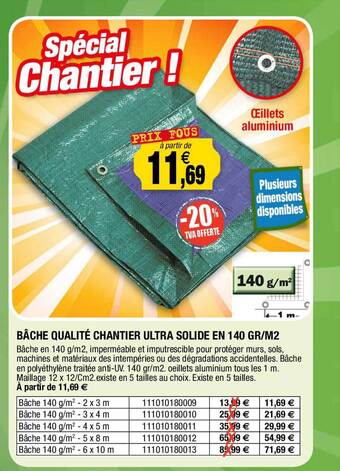 Outiror Bâche qualité chantier ultra solide en 140 gr-m² offre