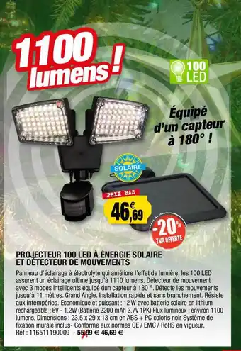 Outiror Projecteur 100 led à énergie solaire et détecteur de mouvements offre