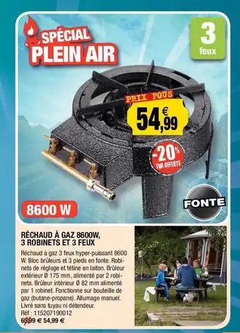 Réchaud à gaz 8600 w, 3 robinets et 3 feux
