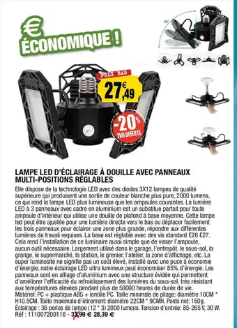 Outiror Lampe led d'éclairage à douille avec panneaux multi-positions réglables offre